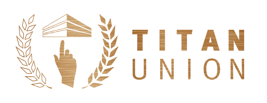 Titan Union logo with hand pointing to a building with laurels to the left and right of it.