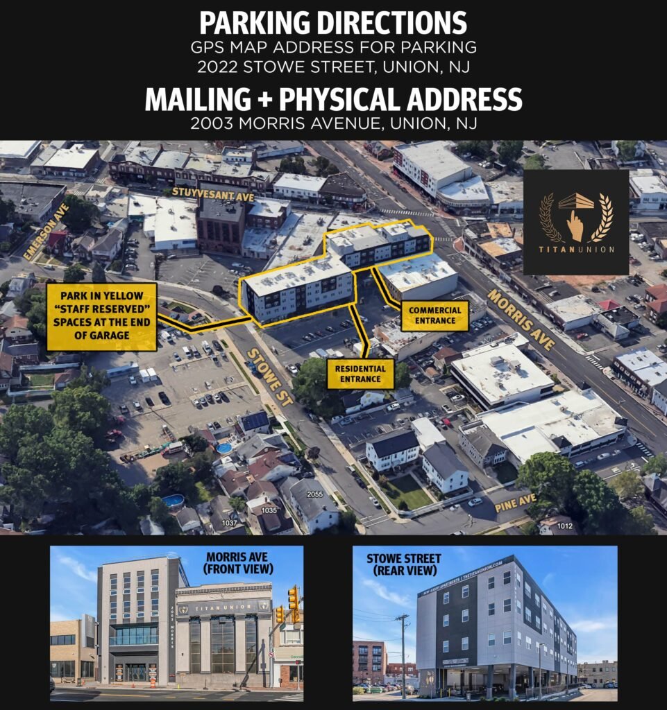 Overhead view of the Titan Union buildings and parking locations